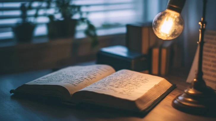 Open journal resting on a bedside table in soft evening lamplight